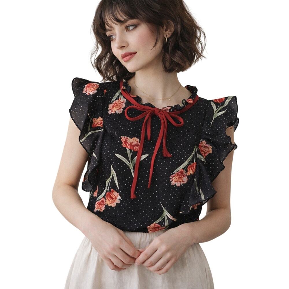 Black Floral Ruffle Sleeve Blouse Red Tie Neck Polka Dot Romantic Top S